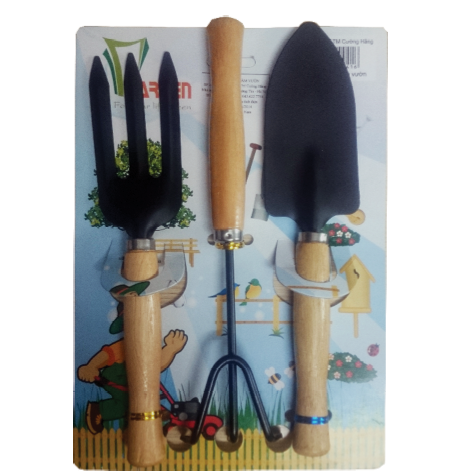 Bộ dụng cụ làm vườn 3 món xẻng, cào, xới có cán làm bằng gỗ dễ sử dụng