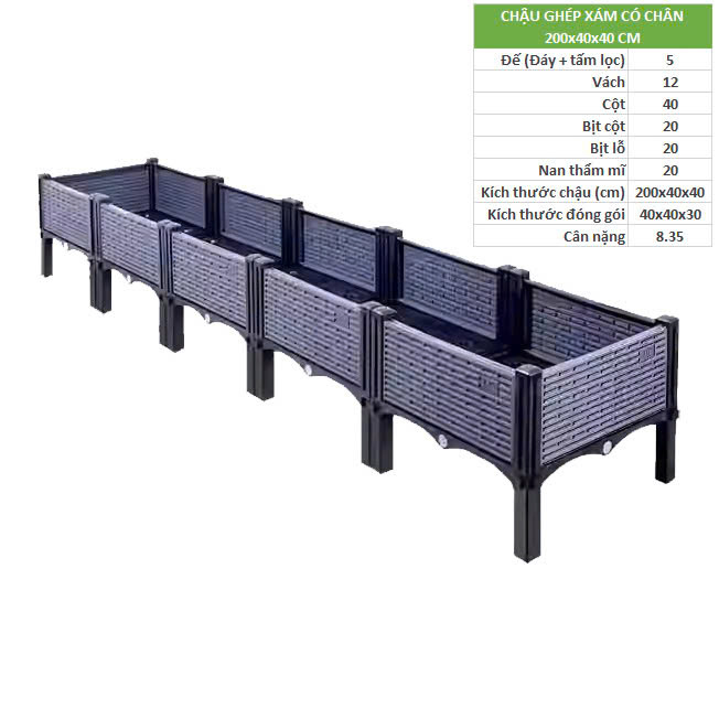 Chậu lắp ghép thông minh kích thước 200x40x40cm có chân, màu ghi xám
