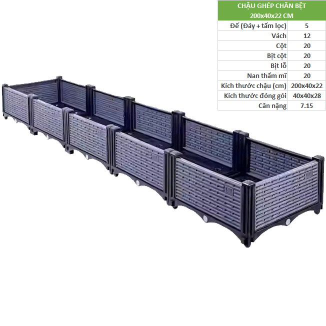 Chậu ghép trồng rau thông minh màu ghi kích thước 200x40x22cm