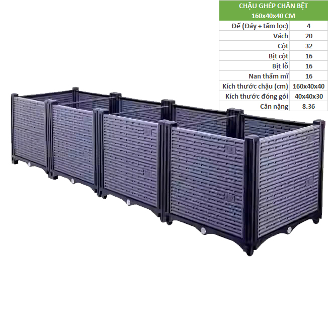 Chậu lắp ghép chân bệt GX412 kích thước 160x40x40cm màu ghi xám