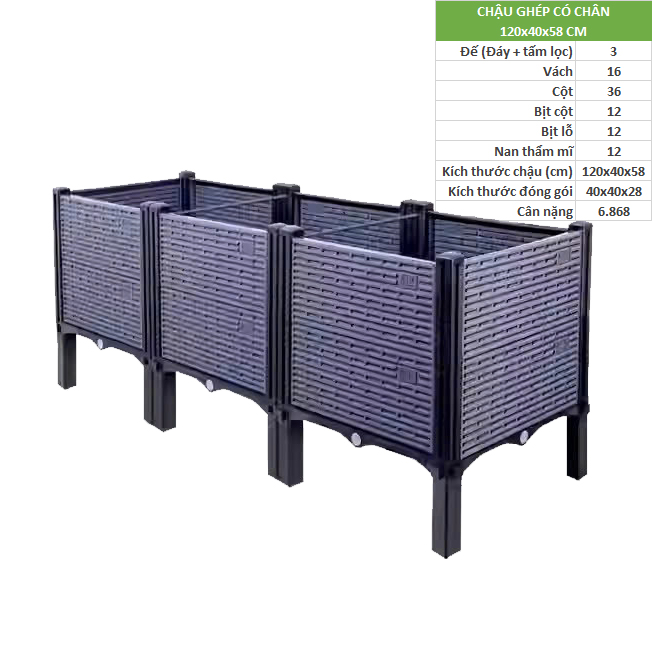 Chậu ghép có chân cao kích thước 120x40x58cm thiết kế đẹp