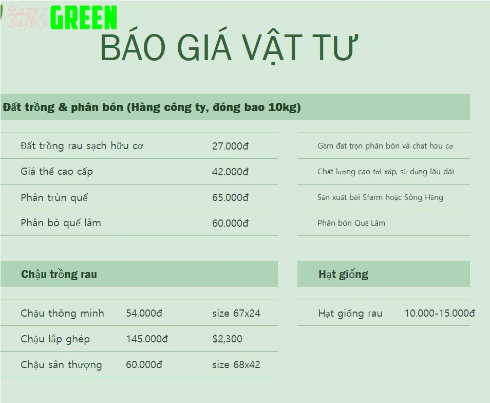 Báo giá vật tư trồng rau sạch